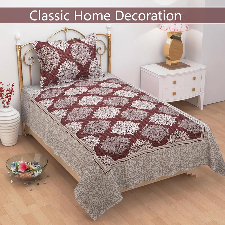 FRESH FROM LOOM Reversible Cotton Floral Single Bed Bedsheet - Hypoallergenic, Wrinkle Free, 300 Tc Heavy Bed Sheets With 1 Pillow Cover 