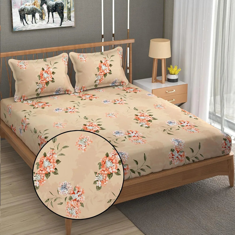 Fresh From Loom Hypoallergenic Floral Print Fitted King Size Bedsheet with 2 Pillow Covers - Microfiber, 240 TC | Beige, Floral Design)