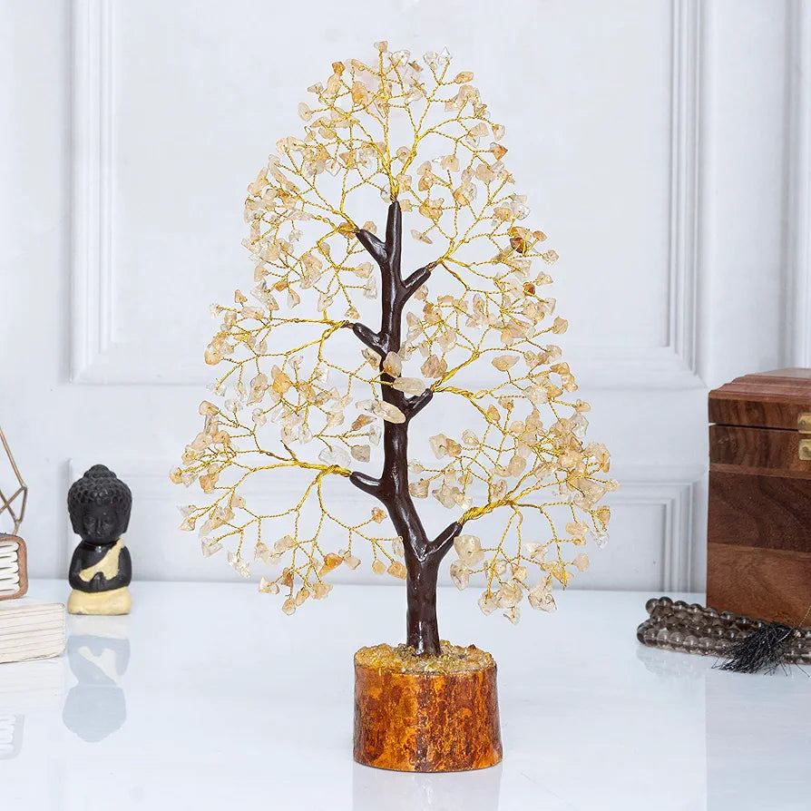 HindCraft Citrine Gemstone Crystal Tree Good Luck Showpiece for Home Decor Items Crystals Gemstones Bonsai Money Tree for Good Luck, Decoration Gift Item, Golden Wire, 10-12 inch