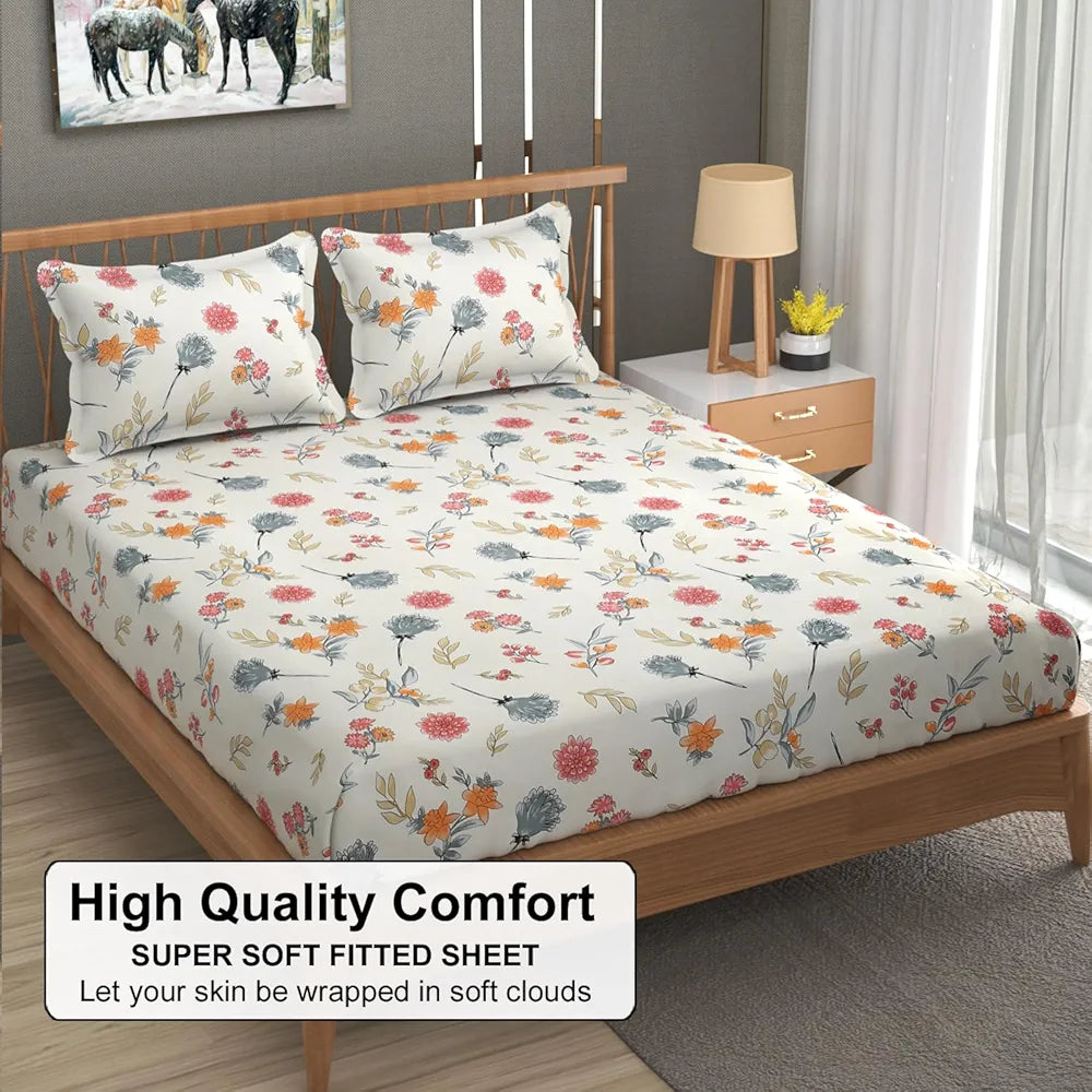 FRESH FROM LOOM Hypoallergenic Floral Print 240 TC Microfiber King Size Fitted Bedsheet Set with 2 Pillow Covers  | Pastel-Cream)