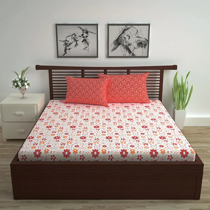 Divine Casa Double Size Bedsheet for Double Bed, 144 TC Pure Cotton Queen Size with 2 Pillow Covers | 222 by 254 cm | Floral | Rust White
