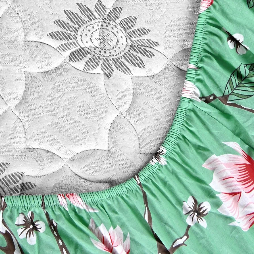 Divine Casa Floret 100% Cotton Double Fitted Bedsheet | 144 TC | Deep Pocket Design | Soft & Breathable Fabric | Durable & Easy Care | 200 x 150 + 25 CM, Blossom Haven Mint
