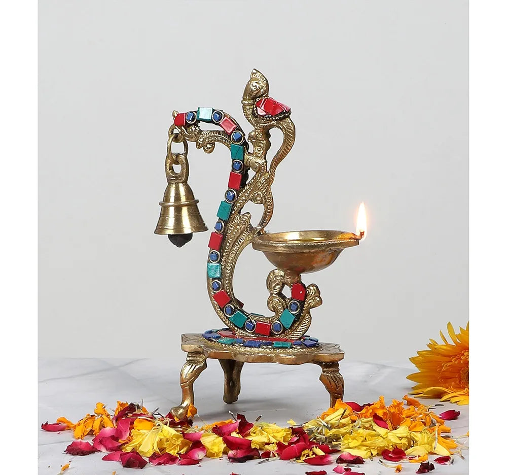Two Moustaches Gemstone Work Ethnic Carved Peacock Design Brass Diya with Bell , Brass Antique Oil Lamp, Diyas for Home , Size - 8 Inches , Standard , Pack of 1