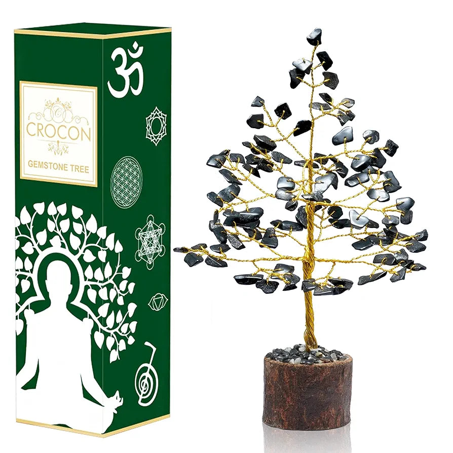 Crocon Black Tourmaline Gemstone Money Tree Feng Shui Bonsai for Reiki Healing Chakra Stone Balancing Energy Generator Spiritual Home Interior Office Decor Size: 7-8 Inch