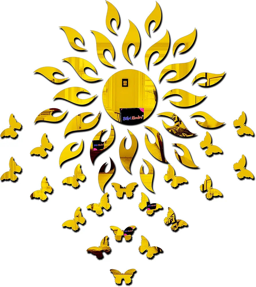 Bikri Kendra® - Sun Golden with Golden 20 Butterfly- 3D Acrylic Decorative Mirror Wall Sticker, Wall Mirror Stickers 3D Acrylic Stickers for Home & Offices, Animal, Pack of 21-reusable