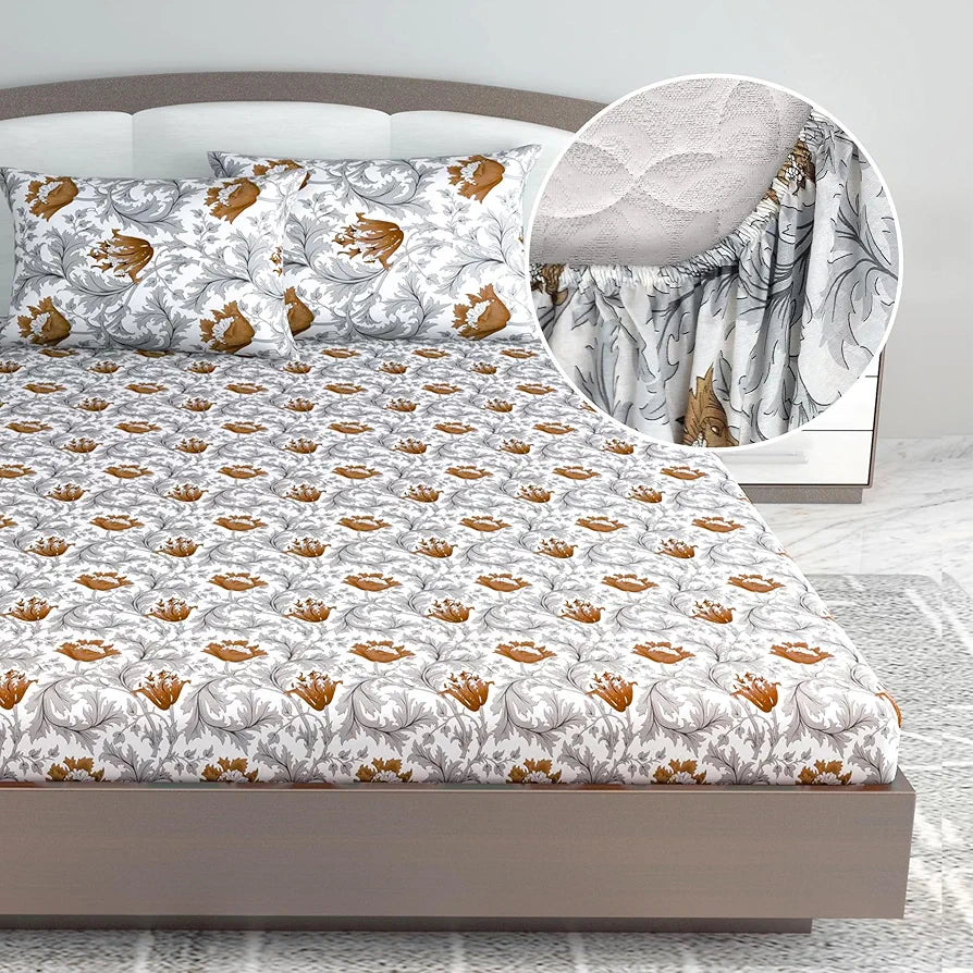 Divine Casa 144 TC Floral Print Brown Skin Friendly 100% Cotton Fitted Bedsheets King Size - 78 x 72 inches