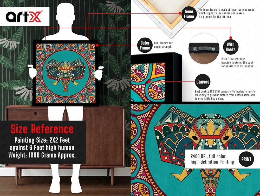 ArtX Elephant Mandala Vector Big Canvas Painting For Bedroom and Living Room With Frame, Multicolour, Square, 24.0 x 24.0 inch, 2x2 Feet, Set Of 1