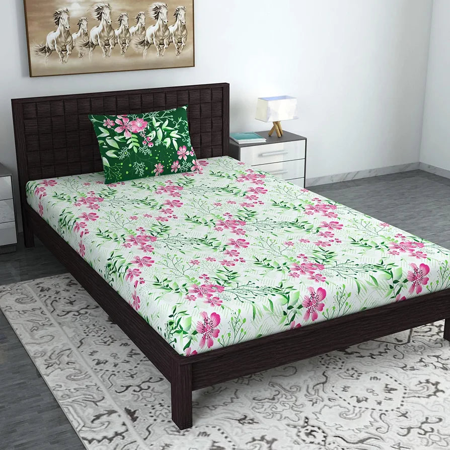 Divine Casa Bedsheet for Single Size Bed 144 TC Cotton Bedsheet for Single Size Bed with 1 Pillow Cover  Floral Mint Pink Cotton Bedsheet