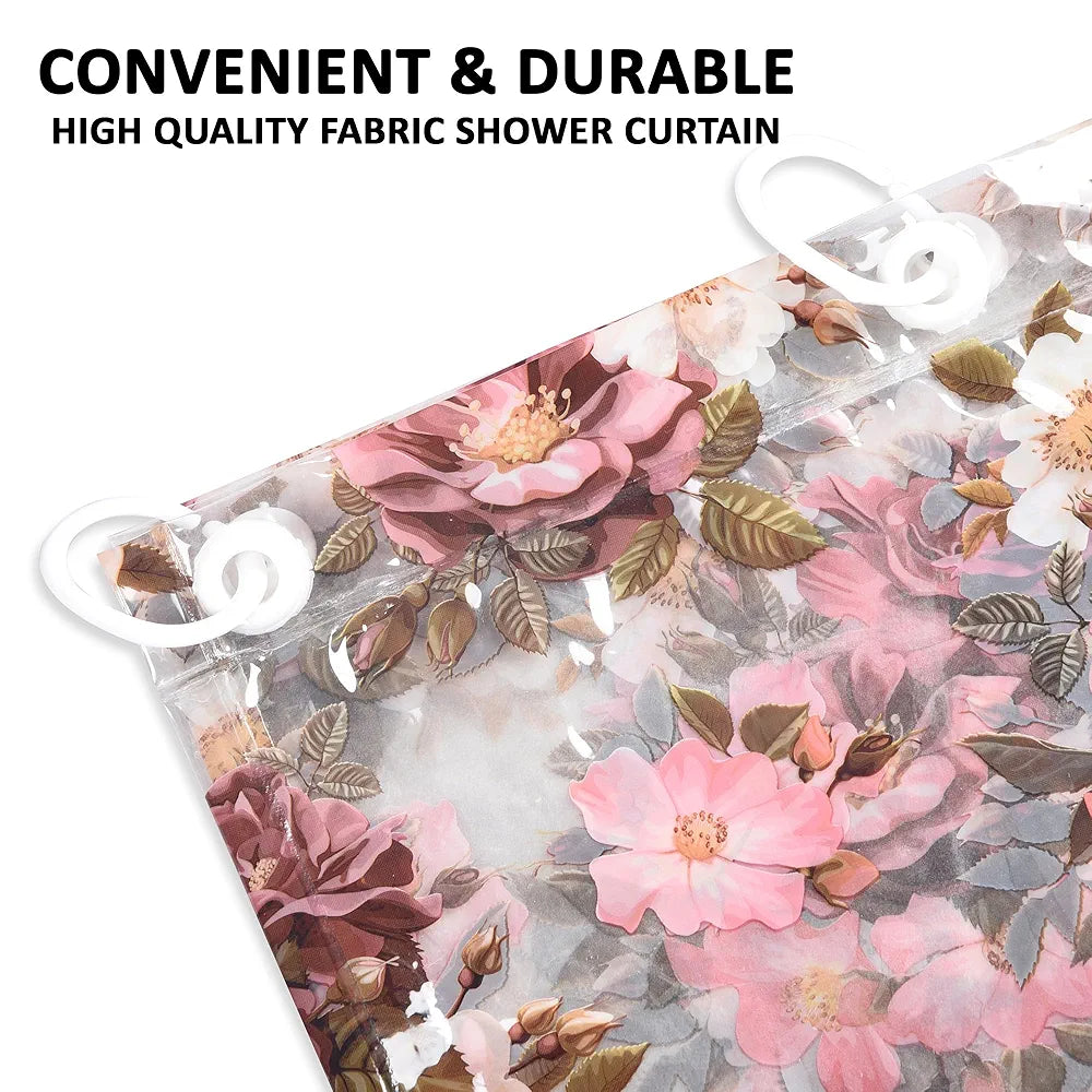 Kuber Industries Shower Curtain | 7 Feet | Bathroom Shower Curtain | AC Curtains | PVC Waterproof Window Curtain | Curtains for Bathtub | 8 Rings Curtain | Pink Flower | Transparent