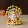 Ecraftindia Resin Handcrafted Lord Ganesha Idol on Yellow Floral Decorative Plate | Ganesha Idol