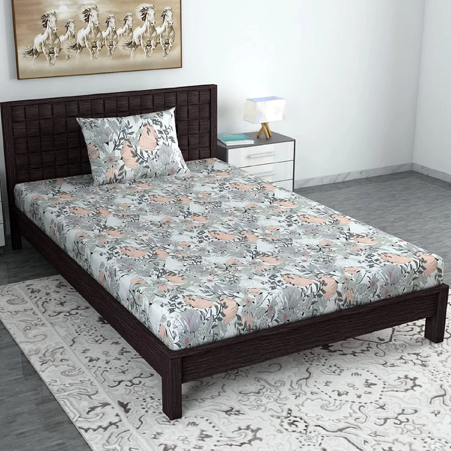 Divine Casa 144 TC Pure Cotton Single Bedsheet with 1 Pillow Cover | Skin-Friendly Fabric for Everyday Comfort | 223 X 145 CM | Floral Pattern | Blush Grey