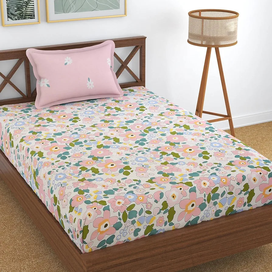 Homefab India 210 TC Glace Cotton Single BedSheet with 1 Pillow Cover - Floral, Pink