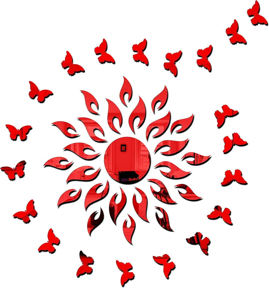 Bikri Kendra - Art BK162, Sun red with 20 red Butterfly - 3D Acrylic Mirror Stickers for Wall