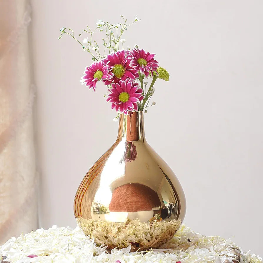 Behoma Metal Golden Flower Vase for Home Decor Bedroom Living Room Office Wedding | Table Decorative Item for Festivals Birthday Gold Tall Vase 