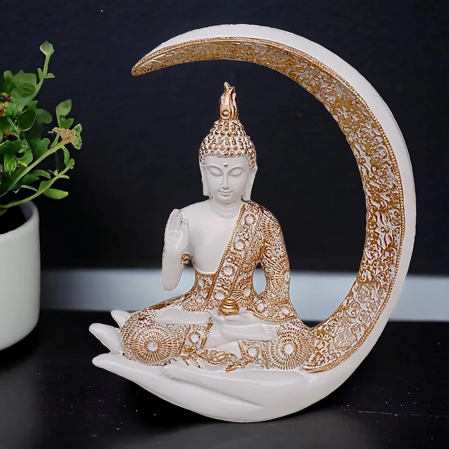 Antique Big Meditating Moon Buddha Statue Showpiece for Home Decor - Living Room - House Warming - Office - Gifting - Buddha Idol Polyresin Decorative Figurine 