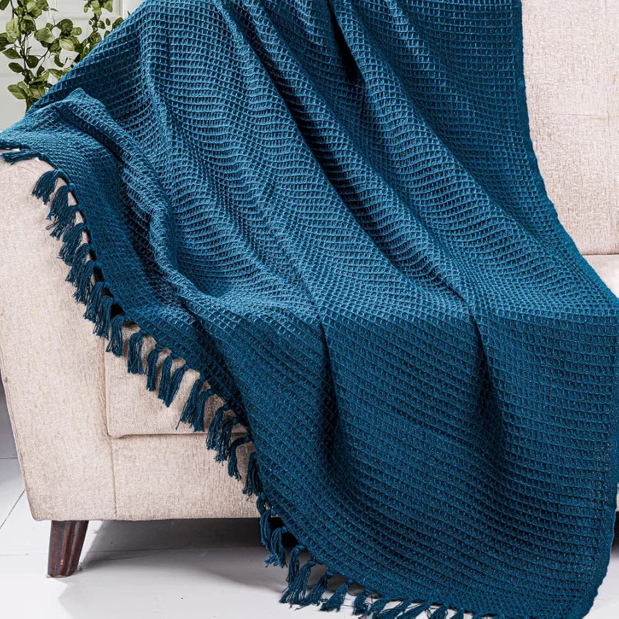 HOMADORN Waffle Weave Cotton Throw Blanket – Lightweight, Breathable & Cozy for Sofa or Bed  Teal Blue