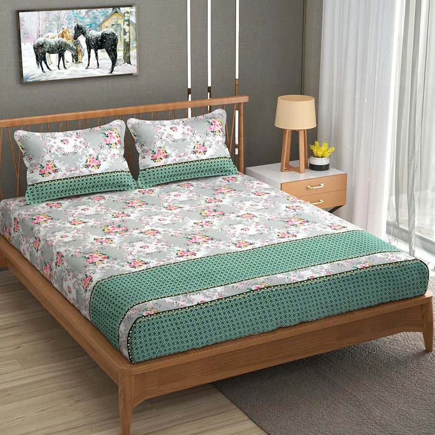 Homefab India 180 TC Microfiber Double BedSheet with 2 Pillow Covers -  -Green, Grey, Floral
