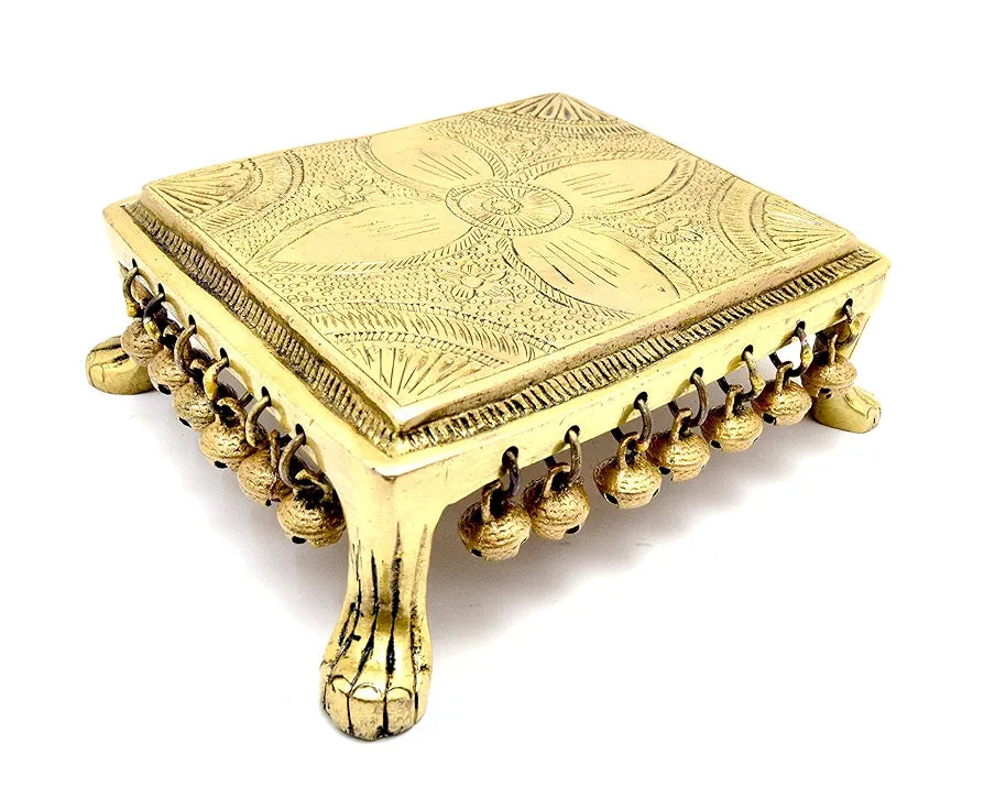 Two Moustaches Ethnic Indian Carving Design 7 Inches Brass Chowki with Bells , Pack of 1
