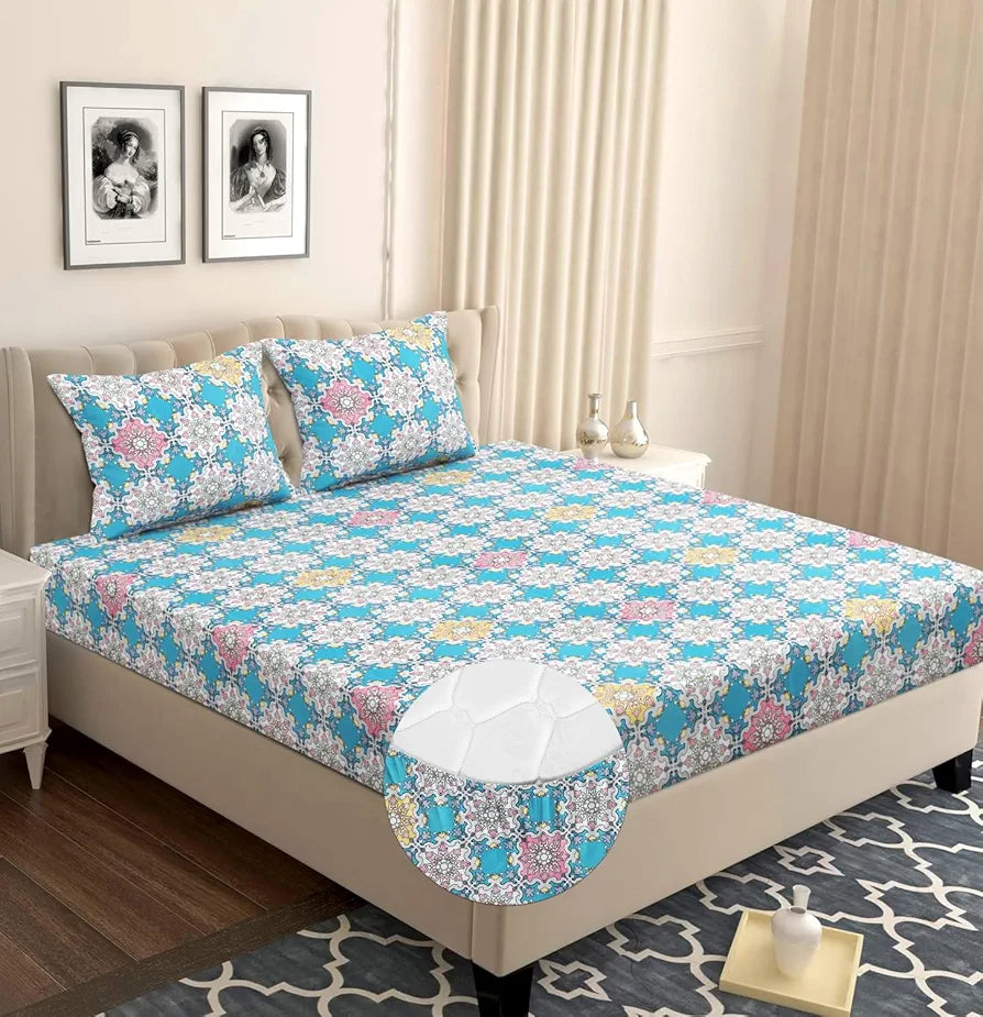 Premium Microfiber Elastic Fitted Bedsheets with 2 King Size Pillow Covers | Double Bed with All Around Elastic 180 TC Supersoft 