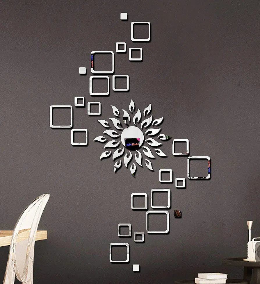 Bikri Kendra Glass Sun Silver Square Decorative Mirror Stickers for Wall - 4 Set 3D Acrylic Stickers for Hall Room, Bedroom, Kitchen, Living Room-Self-Adhesive