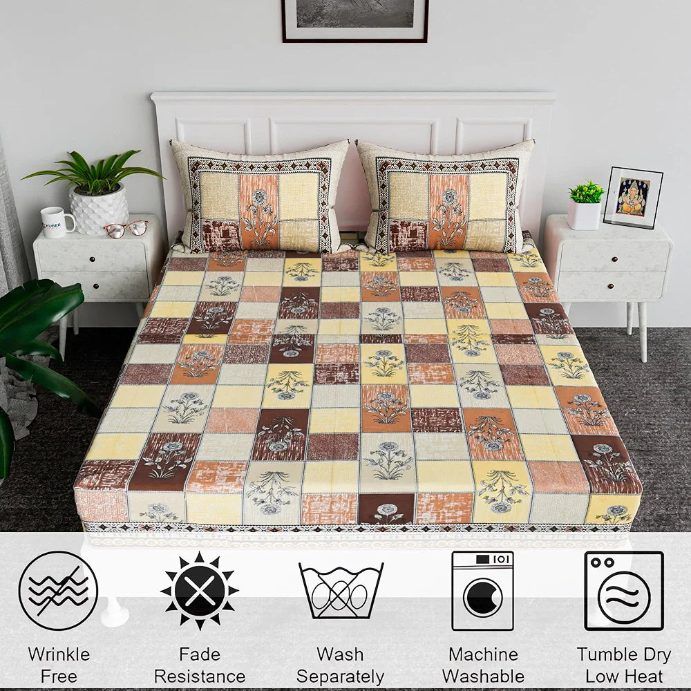 Kuber Industries 100x108 Inch Cotton Bedsheets for Double Bed with 2 Pillow Covers | Easy to Wash & Maintain Double Bedsheet Cotton Fabric - for Daily Use | Candy Flower -Brown & Yellow