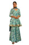 Janasya Women's White and Blue Cotton Floral Printed Short Kurta with Sharara and Dupatta - 2XL
