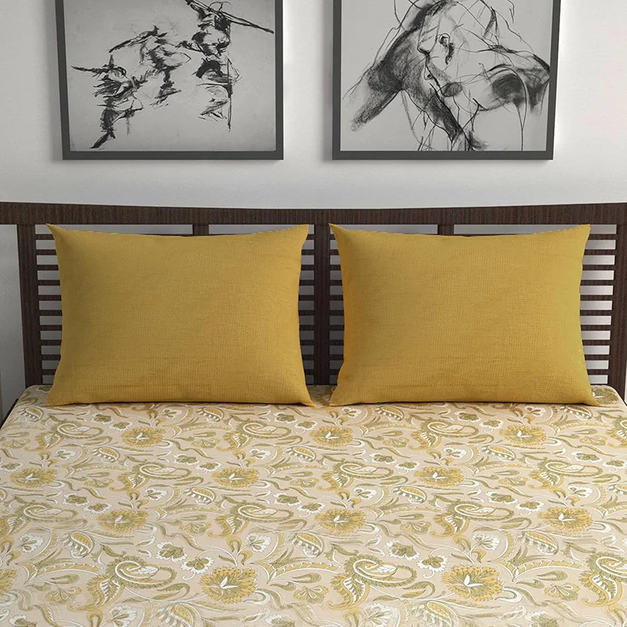 Divine Casa 144 TC 100% Pure Cotton Queen Size Double Bed Bedsheet with 2 Pillow Covers | Soft, Durable & All-Weather Comfortable Easy Care Sheet | Size 222 x 254 CM | Floral Paisley | Mustard Beige