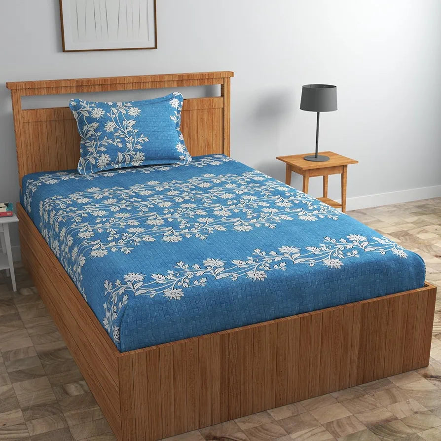 Homefab India 160 TC Glace Cotton Single BedSheet with 1 Pillow Cover -  - Blue, Floral