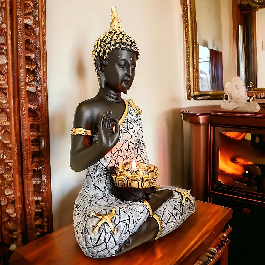 NEELAYA Meditating Buddha Statue with Tealight Holder Polyresin Showpiece for Home Decor Living Room Office Table Vastu Gift Housewarming 28 cm Black Grey