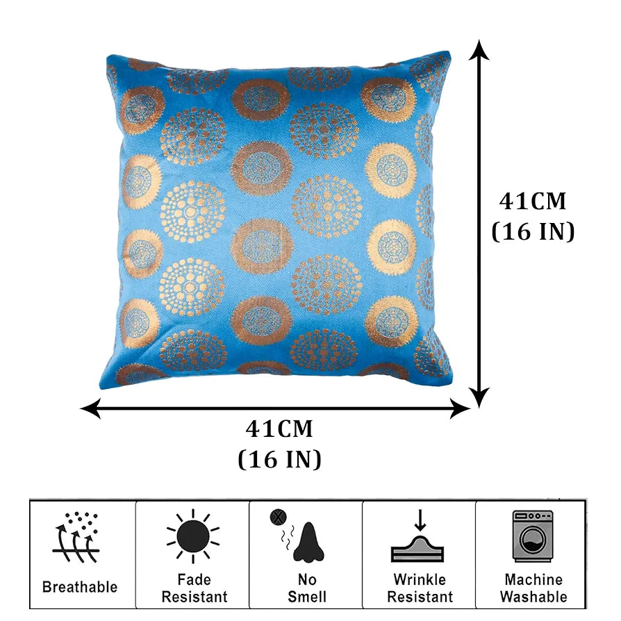 Kuber Industries Cushion Cover | Pillow Covers for Sofa | Throw Cushion Cover | Polyester Cushion Covers | Banarasi Gola Cushion Covers | Set of 5 | 16 Inch | Firozi
