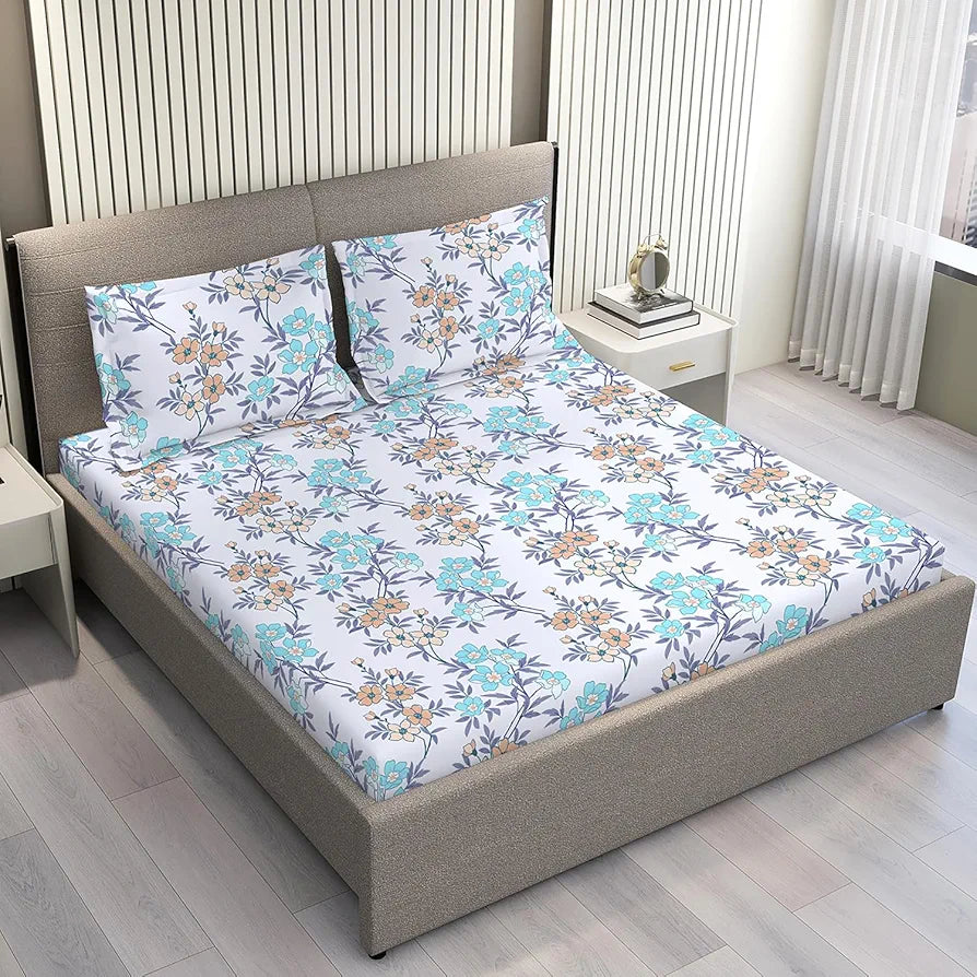 Layers Basicx 100% Cotton Bedsheet Set for All Seasons - Lightweight, Moisture Absorbent, Machine Washable & Easy to Care - Gift for Housewarming & More - 120 TC - Queen Size 