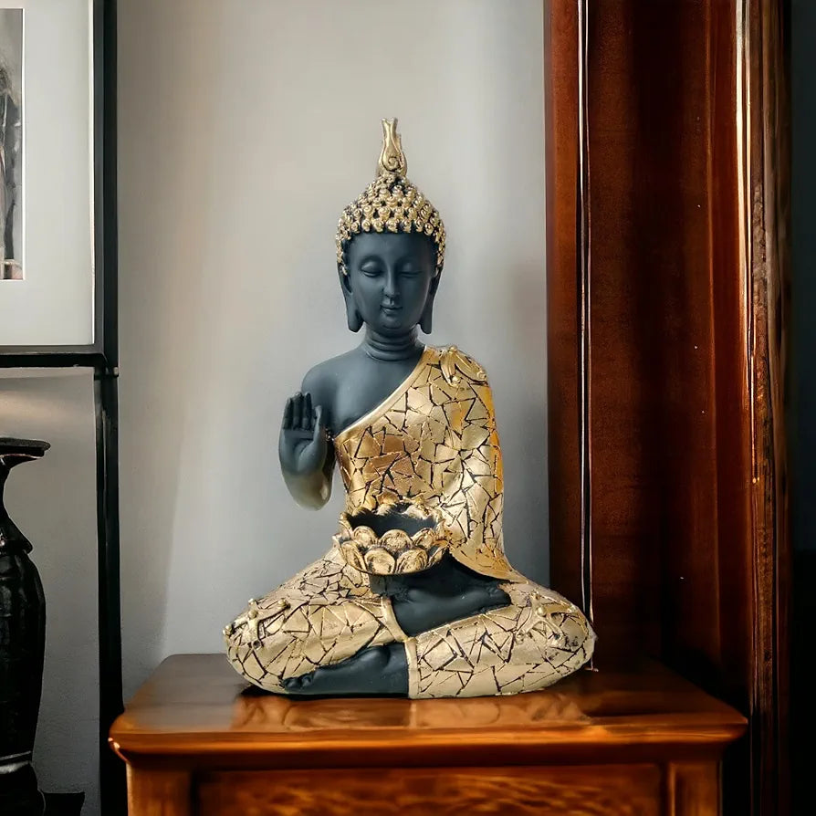 NEELAYA Meditating Buddha Statue with Tealight Candle Holder Polyresin Showpiece for Home Decor Living Room Office Vastu Gift Housewarming 28 cm Black Gold