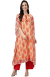 Janasya Women's Orange Chiffon Lurex Floral Printed Kaftan Kurta -XS