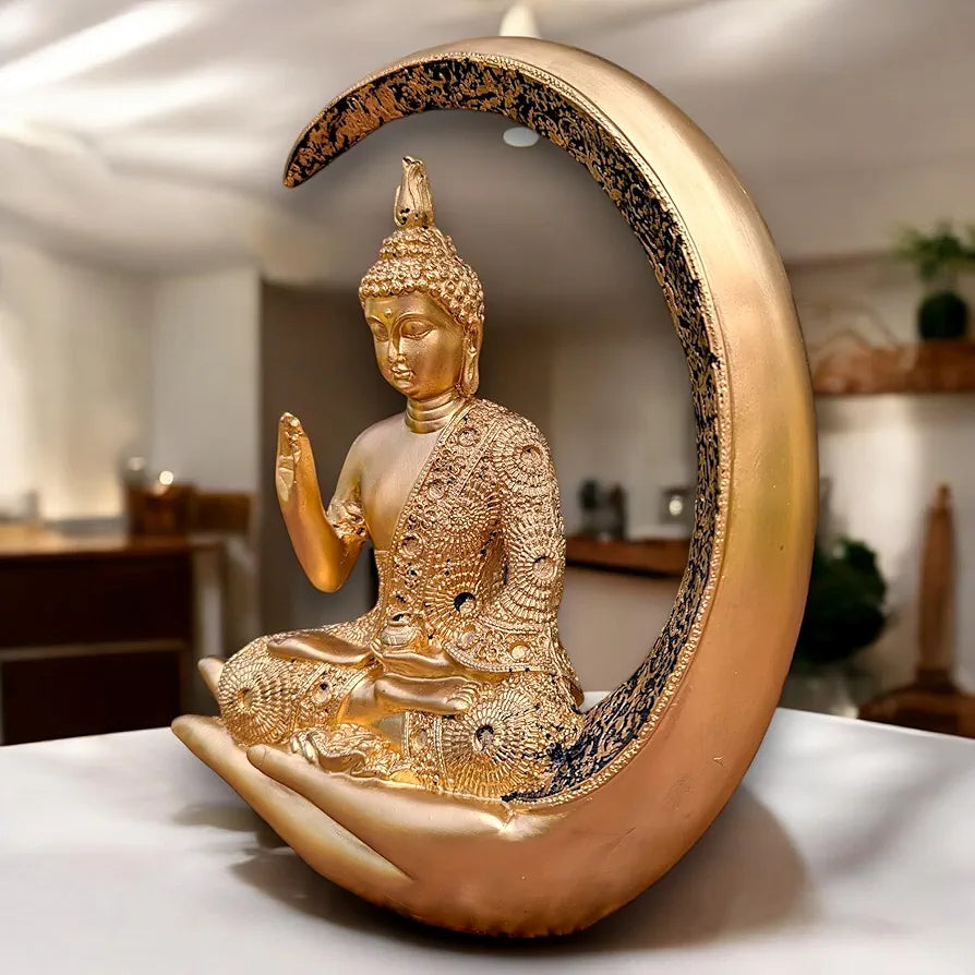 Antique Meditating Moon Buddha Showpiece | Polyresin Idol Statue for Home Decor, Living Room, Office | Housewarming Gift 