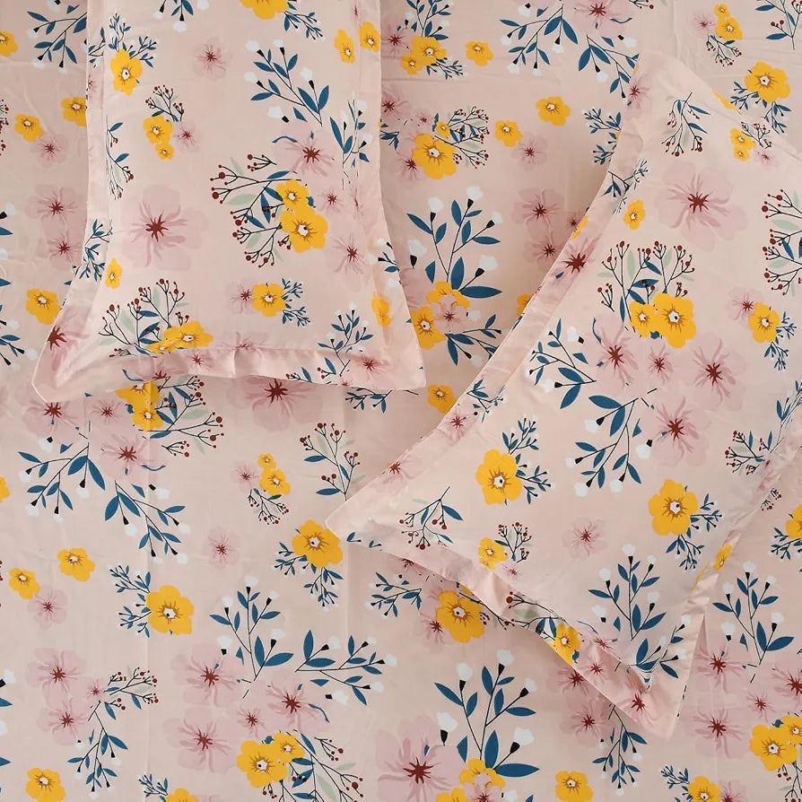 HOMEKART Cotton 200 TC Proper King Size Bedsheet for Double Bed, King Size 108 x 108 Inches Breathable for Summer with 2 Large Size Pillow Covers Without Joint- Peach Yellow Flowers