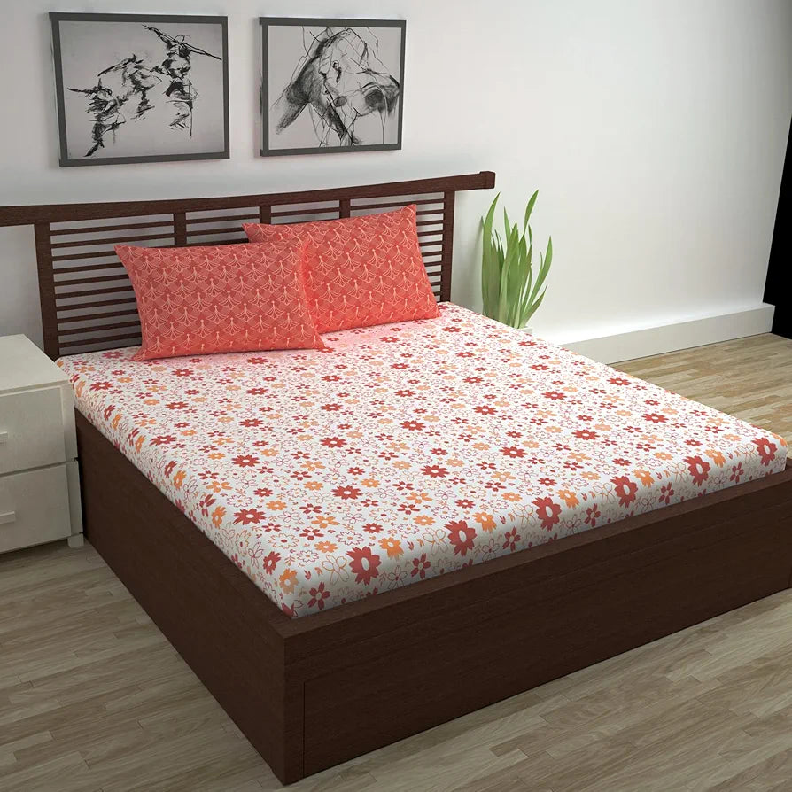 Divine Casa Double Size Bedsheet for Double Bed, 144 TC Pure Cotton Queen Size with 2 Pillow Covers | 222 by 254 cm | Floral | Rust White