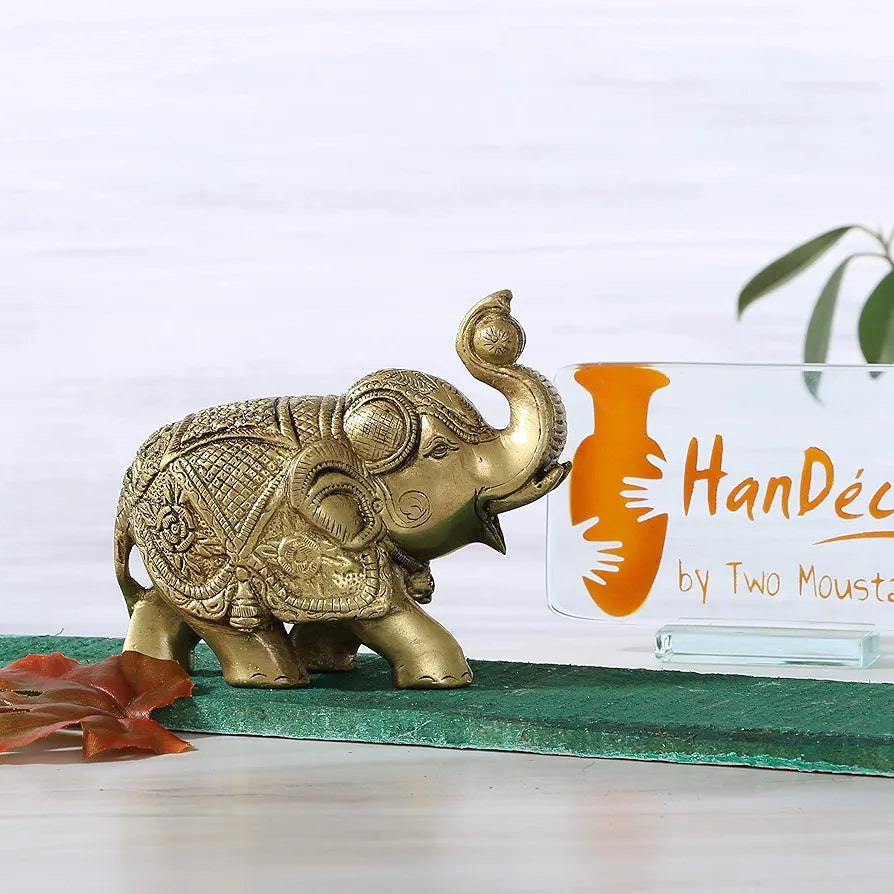 Two Moustaches Maharaja Elephant Design Brass Showpiece, Brass Showpieces for Home Decor, Elephant Idol, Housewarming Gifts, Antique Yellow, 