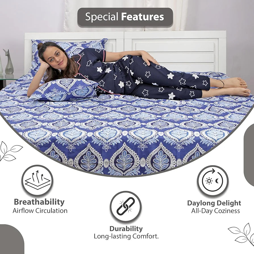 Divine Casa 144 TC 100% Cotton Double Bedsheet with 2 Pillow Covers | Skin-Friendly Fabric for Everyday Comfort | 254 X 222 CM | Floral Pattern | Dazzling Blue