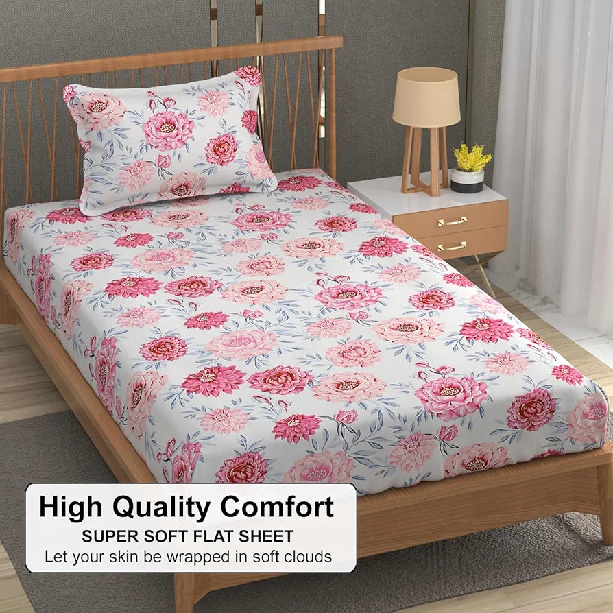 FRESH FROM LOOM Floral Print 240 TC Single Bed Microfiber Bedsheet Set - Soft & Anti Fade, 1 Pillow Covers Included 