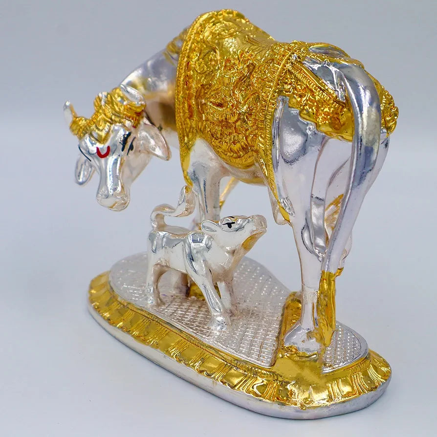 JAIPUR ACE Kamdhenu Cow with Calf Statue, Standard Size, Golden   