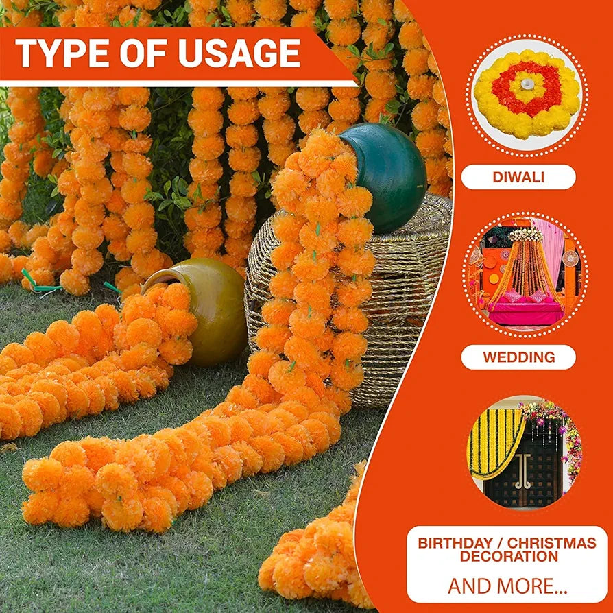 HOME BUY Artificial Orange Flowers For Decoration Garland With Bell For Diwali & Festivals Christmas, Navratri, Holi,Janmashtami | 5 Feet Long 5 Pcs With 1 Diya , 5 Centimeters