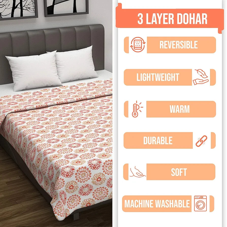 Divine Casa Floret 100% Cotton Single Dohar | 120 GSM | Soft & Lightweight Throw Blanket | Cozy & Breathable Bedding | All-Season Comfort | 210 x 140 CM, Red Orange
