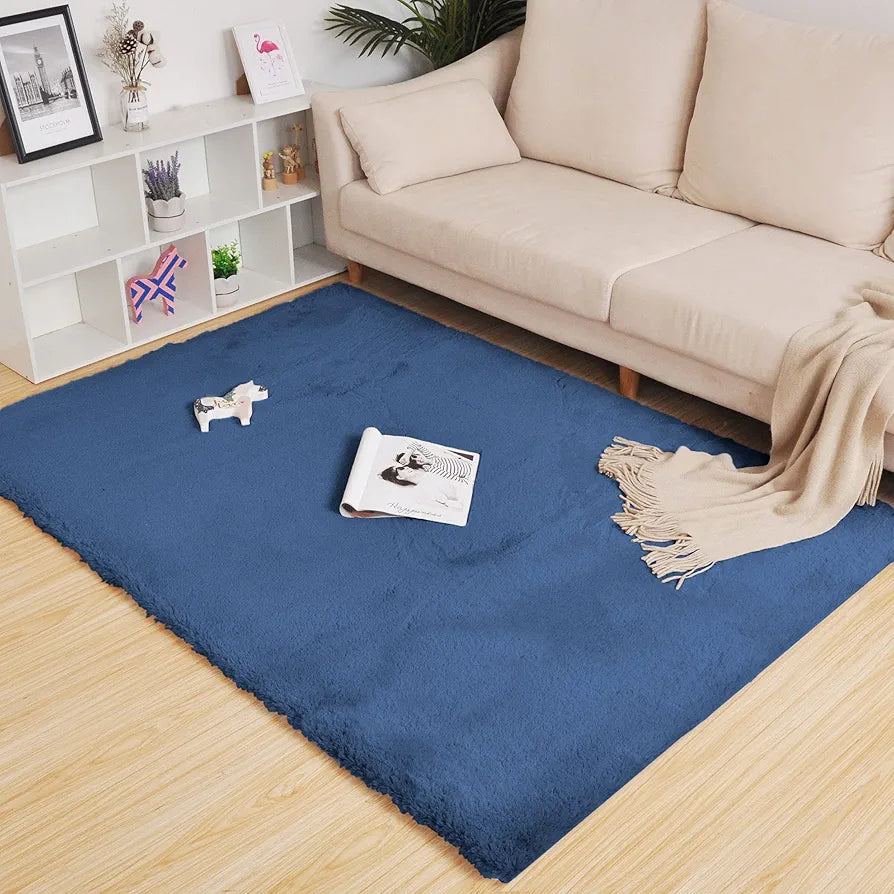 LUXE HOME INTERNATIONAL Ruffle Floor Rug Rabbit Fur 1000 Gsm Living Room Foot Mats Anti Skid Water Absorbent Easy Machine Washable Rectangular Rug For Bedroom|Floor|4 X 6 Ft|Blue|Pack Of 1