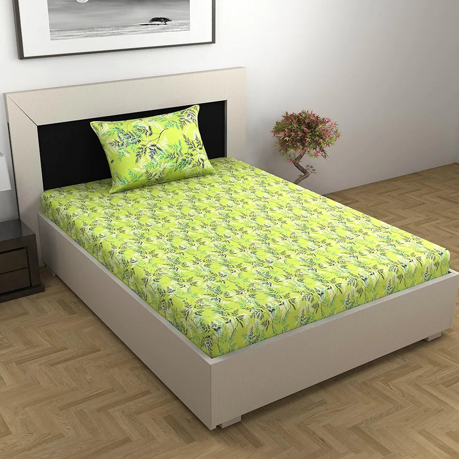 Divine Casa 144 TC 100% Cotton Single Bedsheet with 1 Pillow Cover | Skin-Friendly Fabric for Everyday Comfort | 223 X 145 CM | Floral Pattern | Lime Breeze