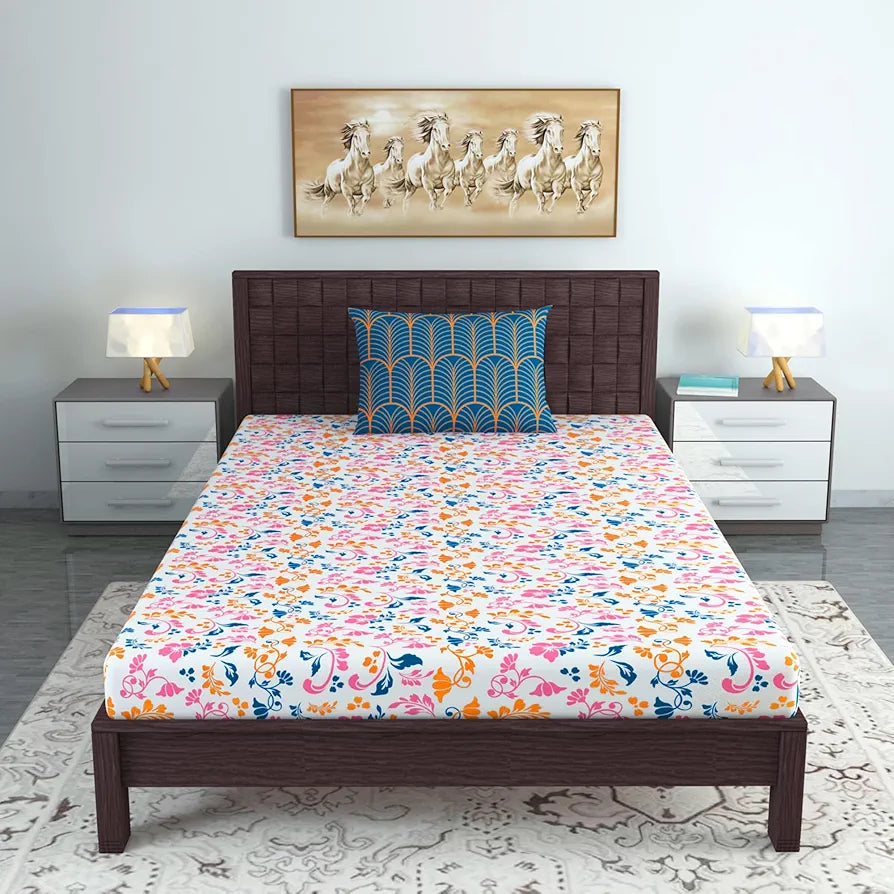Divine Casa Bedsheet for Single Size Bed 144 TC Cotton Bedsheet for Single Size Bed with 1 Pillow Cover  Floral Peach Blue Cotton Bedsheet