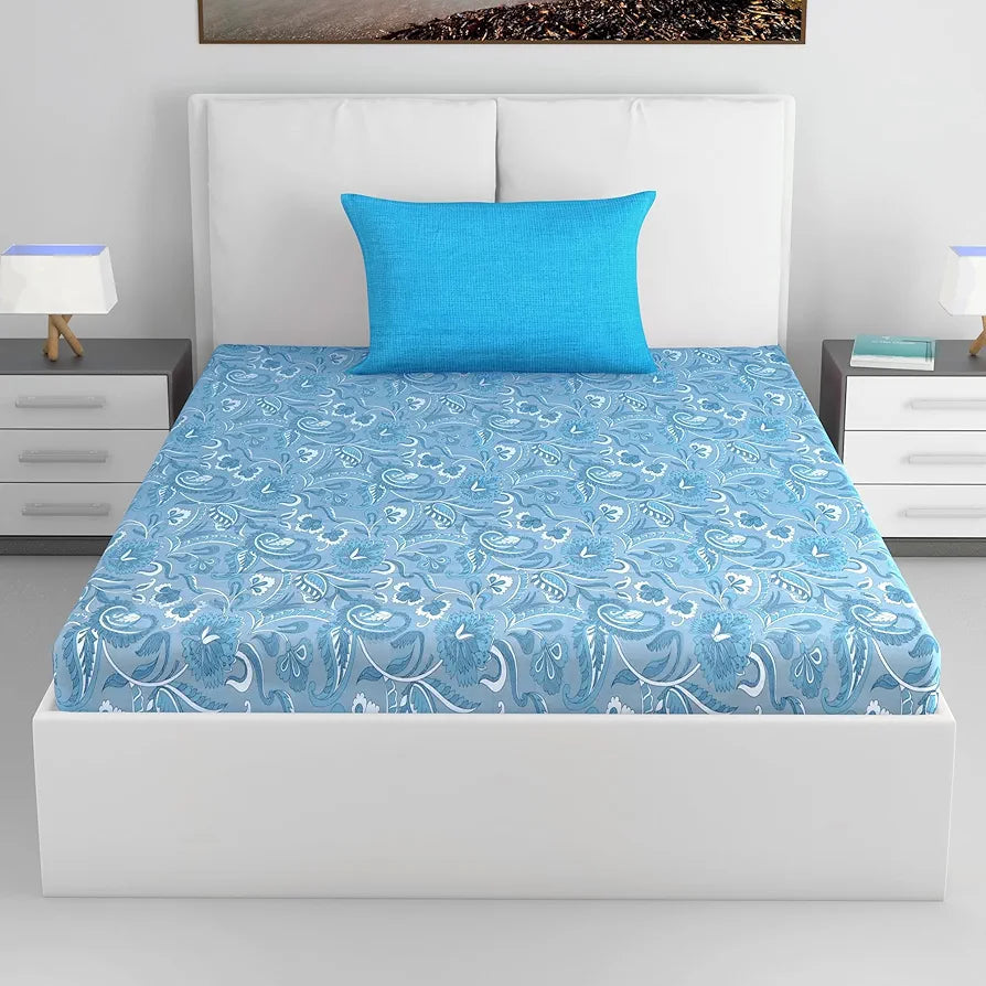 Divine Casa 144 TC 100% Pure Cotton Single Size Bedsheet with 1 Pillow Cover | Soft & Skin-Friendly Fabric for Everyday Comfort | All-Season Use | Size 223 X 145 CM | Floral Paisley | White Aqua Blue