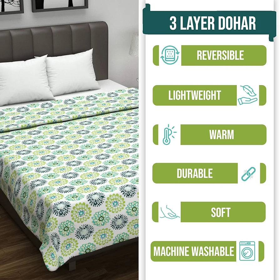 Divine Casa Floret 100% Cotton Double Dohar | 120 GSM | Soft & Lightweight Throw Blanket | Reversible Design | Cozy & Breathable Bedding | All-Season Comfort | 220 x 205 CM, Green Blue