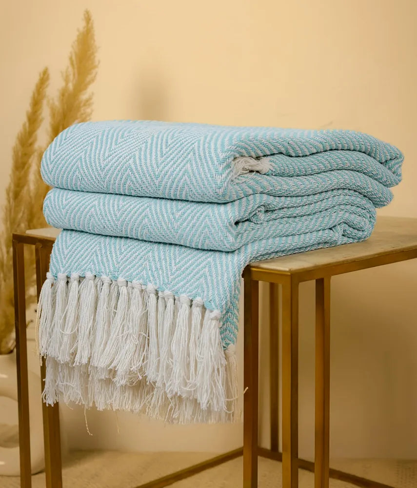 SAJAVAT HOME Hand-Knitted Pure Cotton 3 Seater Sofa Throw | 80x52 Inches/204x132 Cm | Arctic Blue Throw for Sofa, Bed, Chair & Travel - Ideal for All Season | Pack of 1-500 TC
