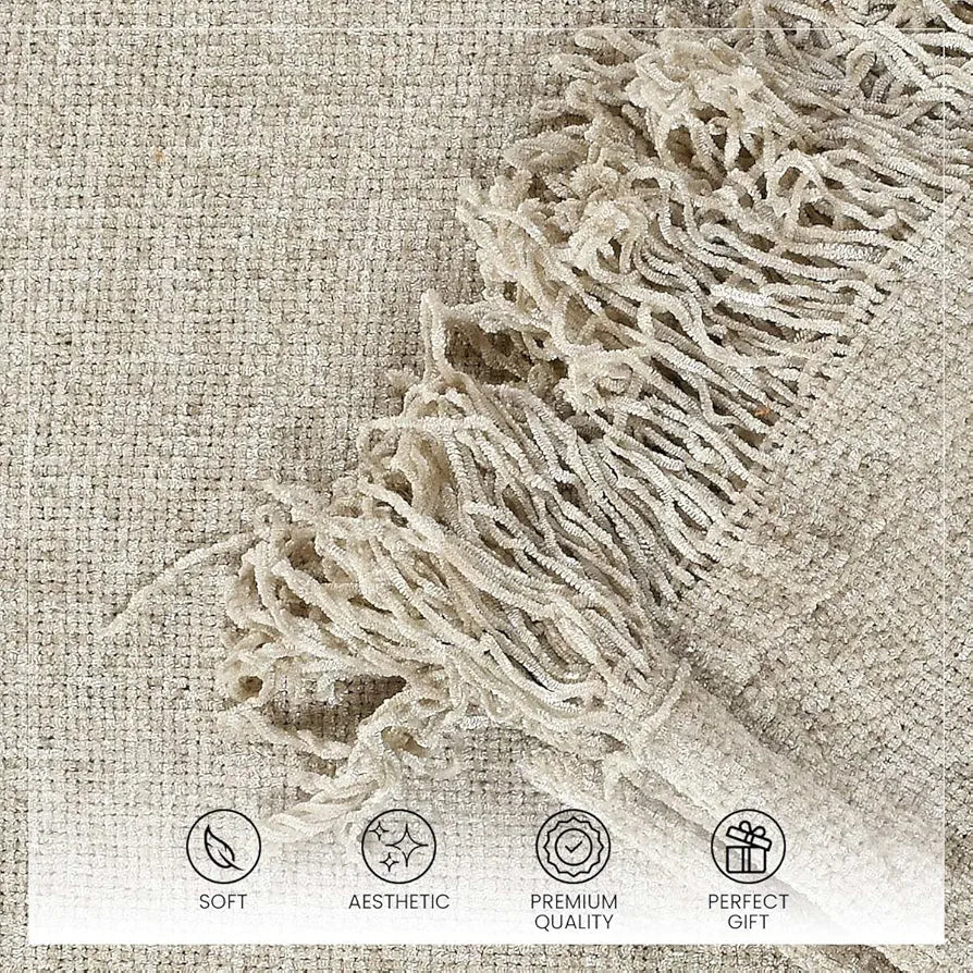 SASHAA WORLD Soft Chenille Throw | Throw Blanket for Sofa, Bed, Chair and Travel | Natural Throw Blanket | Pack of 1, 130 x 180 cm