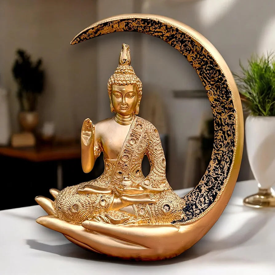 Antique Meditating Moon Buddha Showpiece | Polyresin Idol Statue for Home Decor, Living Room, Office | Housewarming Gift 